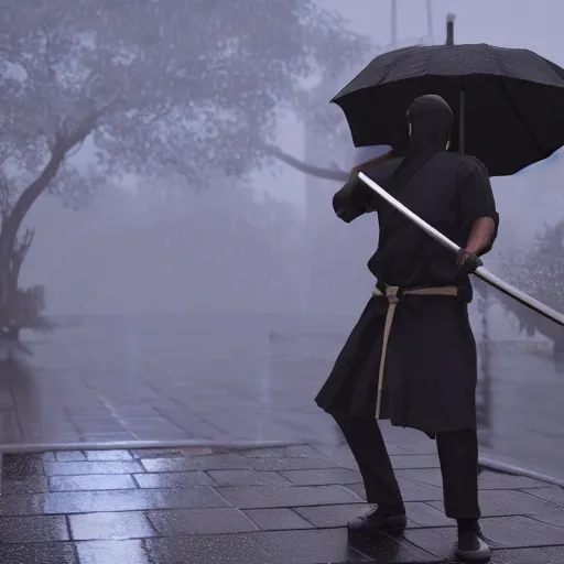 Image similar to Obama with a katana in rain ready to battle, 4k, 40nm lens, masterpiece, hyperrealistic, extreme details, unreal engine 5, cinematic,