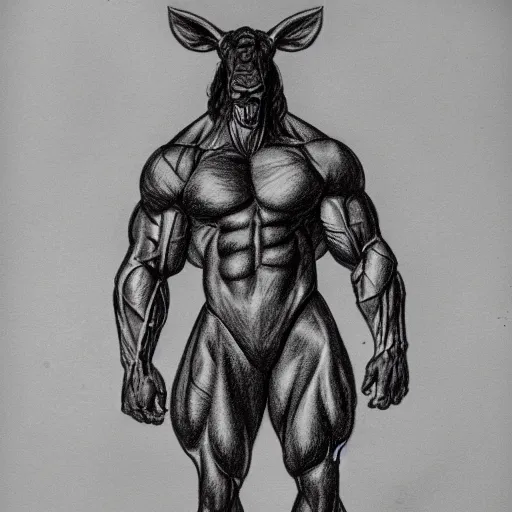 Image similar to full body black and white pencil sketch of a muscular Alf