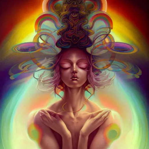 Image similar to psychedelic angelic celestial being artwork of peter mohrbacher, ayahuasca, energy body, sacred geometry, esoteric art, rainbow colors, realist, abstract and surreal art styles with anime and cartoon influences divinity