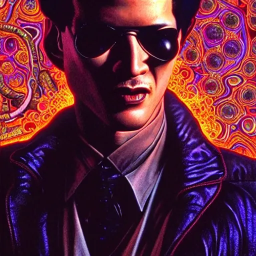 Image similar to matrix morpheus in fear and loathing in las vegas ( 1 9 9 8 ), psychedelic digital art, ultra realistic, concept art, intricate details, eerie, highly detailed, photorealistic, octane render, 8 k, unreal engine. art by artgerm and greg rutkowski and charlie bowater and magali villeneuve and alphonse mucha