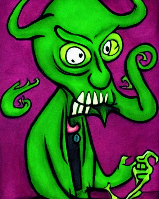 Image similar to a green devil with sad expression by tim burton