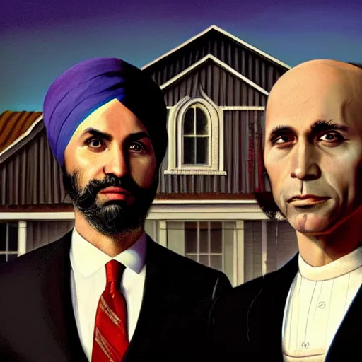 Image similar to Justin Trudeau together with Jagmeet Singh in the american gothic painting, concept art, sharp focus, highly detailed digital painting by Grant Wood, artstation