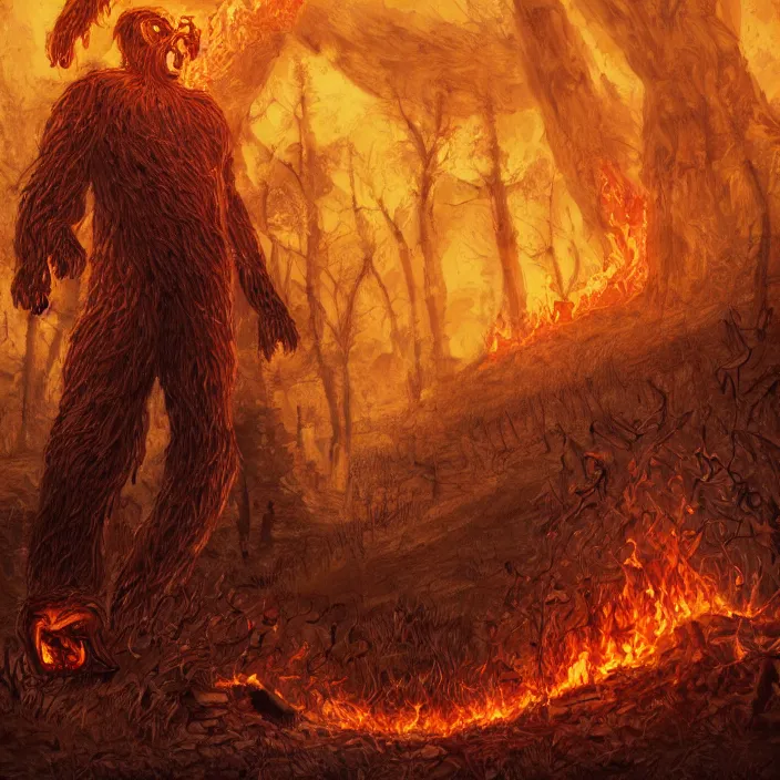 Prompt: timber giant, eaten away by fire. become a cage of flames, wicker man!!, trending on artstation