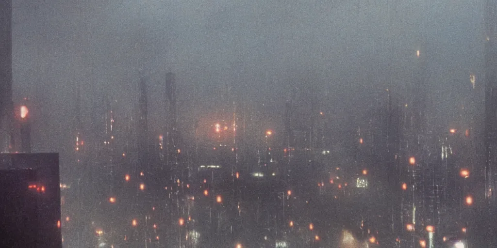 Prompt: 35mm photography film still landscape of Blade Runner 1982 city with industrial fires and smog, futuristic dystopian megacity skyline, rain falling, matte painting, cyberpunk noir, neon, sharp focus