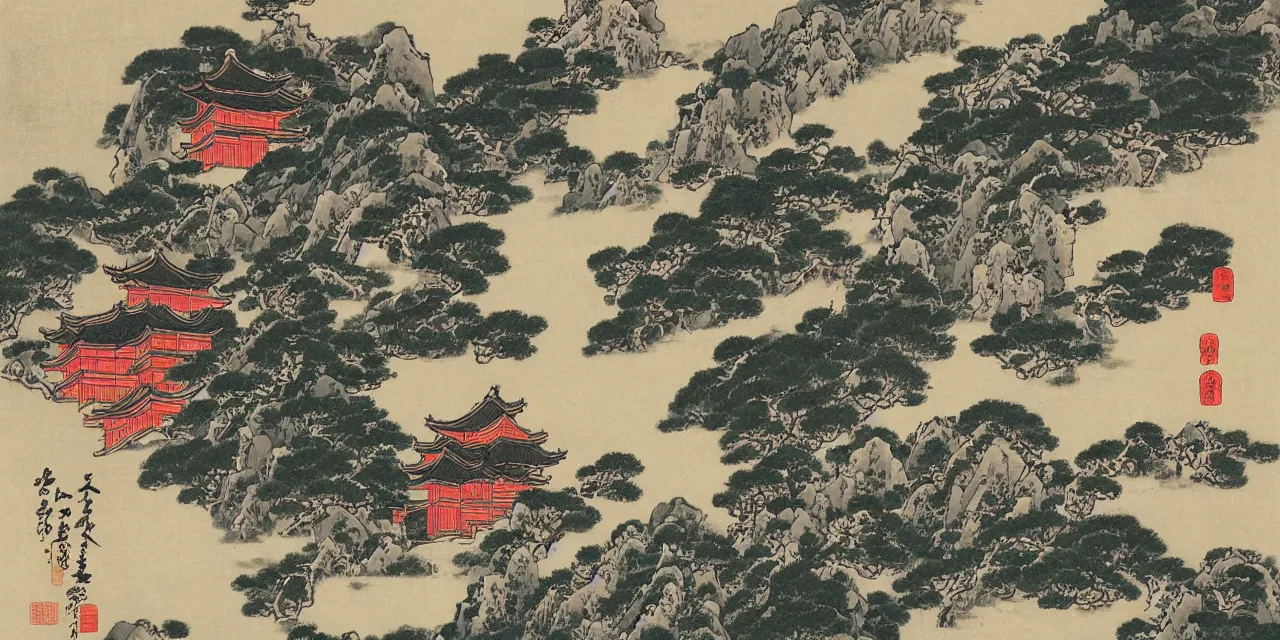 Prompt: taoist temples in huangshan, landscape by katsushika hokusai