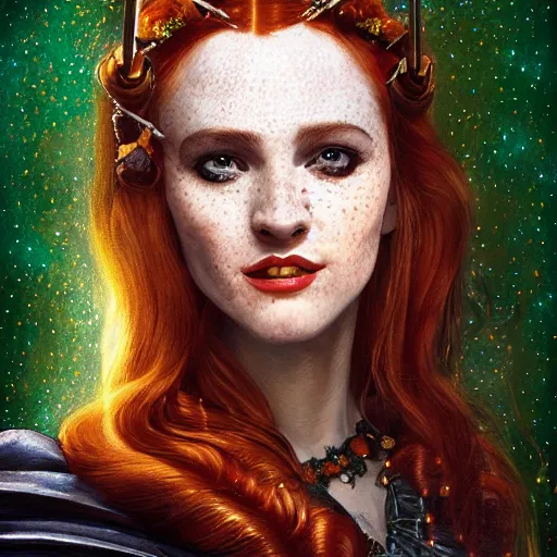 Prompt: a totally amazed smiling pretty batman surrounded by golden firefly lights in a mesmerizing scene, fully covering intricate detailed bohemian outfit, long loose red hair, precise linework, accurate green eyes, small nose with freckles, beautiful smooth oval head, expressive emotions, hyper realistic ultrafine portrait by artemisia gentileschi, jessica rossier, greg rutkowski, artgerm