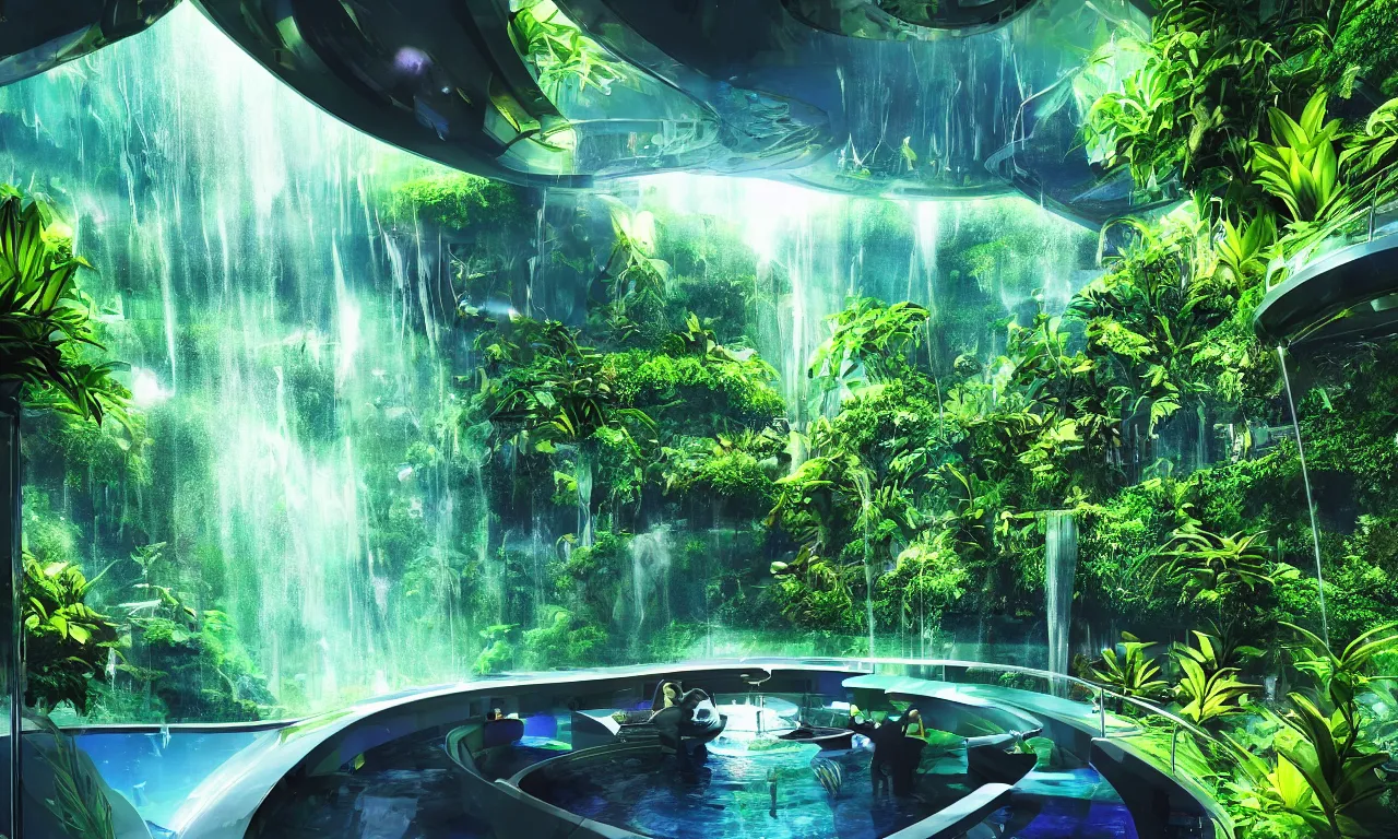 Prompt: interior shot of paradise inside of a spaceship for humans in deep space, night club vibes, massive windows looking into space, natural, green plants, water features, waterfalls, epic cinematic composition, vibrant colors, fine details, hyperrealism, photograph