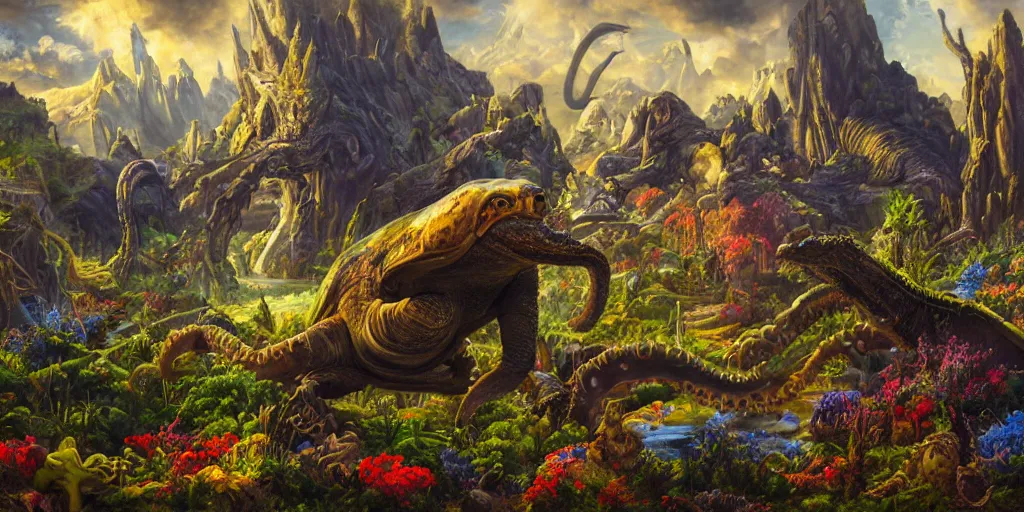 Image similar to fantasy oil painting, great leviathan, cybernetic turtle cephalopod terrapin reptilian pachyderm squid, bella hadid, hybrid, milla jovovich, anubis, epic natural light, lush plants flowers, spectacular mountains, bright clouds, luminous sky, outer worlds, golden hour, michael cheval, edward hopper, michael whelan, vray, hd