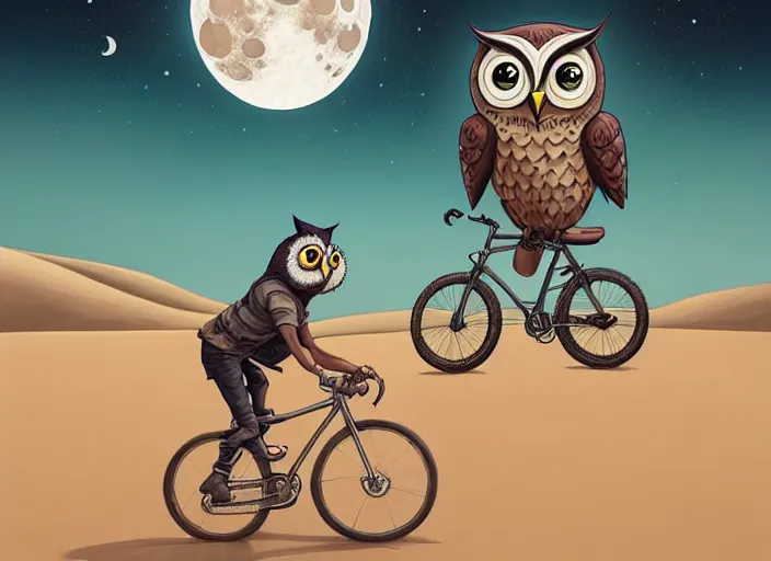 Image similar to a cell shaded cartoon owl riding a bicycle, with a big head, on a desert road, wide shot, in front of a big moon, muted colors, post grunge, josan gonzales, wlop, by james jean, victor ngai, hq, deviantart, art by artgerm