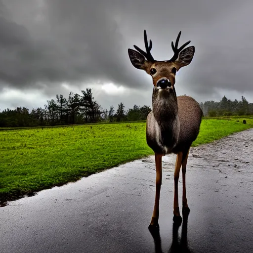 Image similar to 4 k hdr wide angle detailed portrait of a deer soaking wet standing in the rain showers during a storm with thunder clouds overhead and moody stormy lighting sony a 7