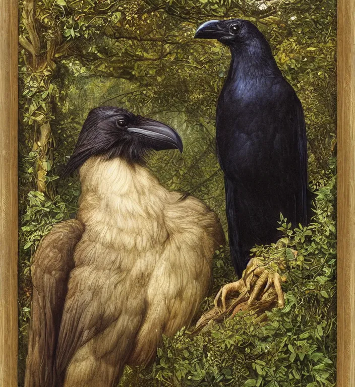 Image similar to a breathtakingly stunningly pre raphaelite beautifully highly detailed close up animal portrait of a majestic raven, in an forest arch with smokey water reflections, framed, by rosetti and devinci and michael cheval and sidney cooper and turner, 4 k