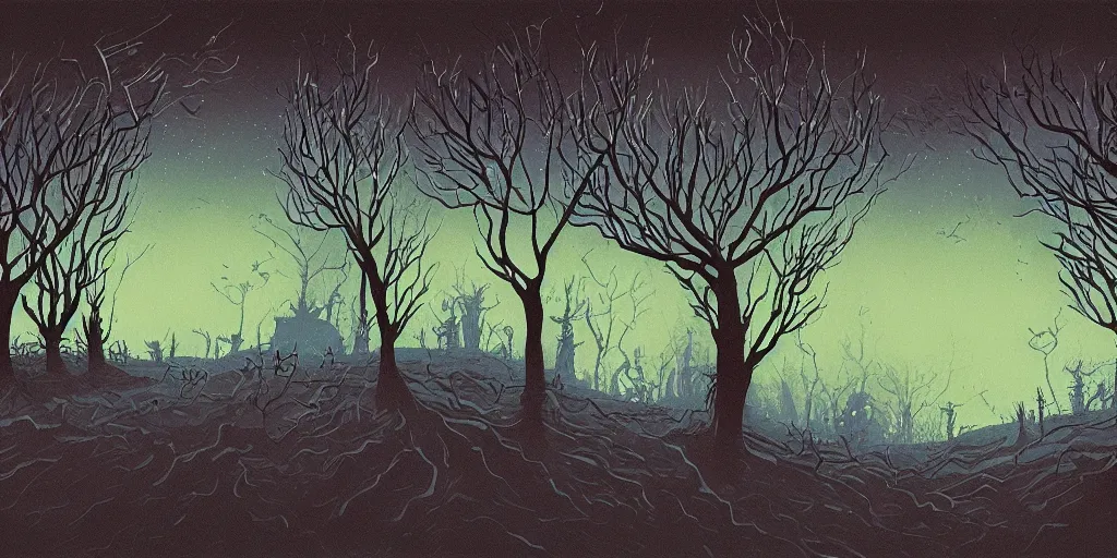 Image similar to a night landscape background, rob gonsavles, eyvind earle, nightmare before christmas