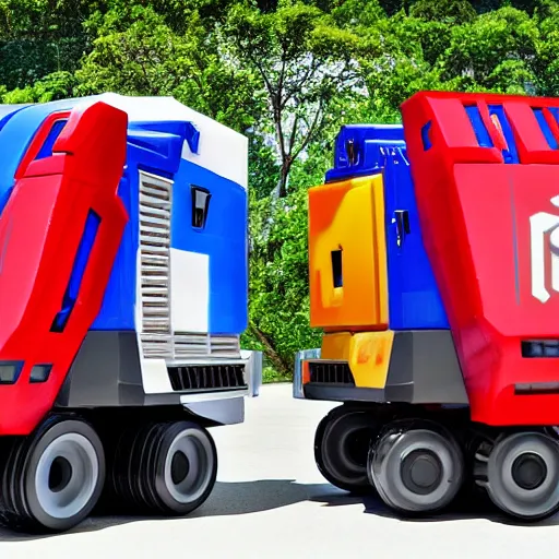 Prompt: company - branded transformers, google branded optimus prime fighting against facebook branded megatron, the two transformers are battling and they both have their respective companies logos and branding styles painted onto them