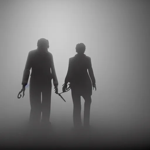 Image similar to humphrey bogart and lauren bacall, battered, carrying machine guns and grenades, back to back, and disturbing shapes come out of the fog. Silent hill, resident evil. Octane render, studio lighting.