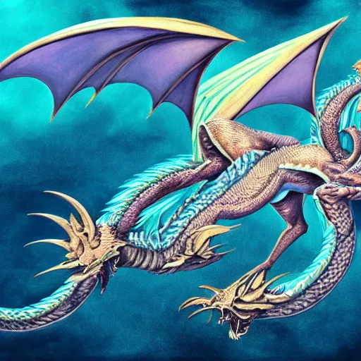 Image similar to dragon flying above the sea, perfect dragon anatomy, hyper realistic, pastel color, symmetrical, 4 k, highly ornate intricate details,