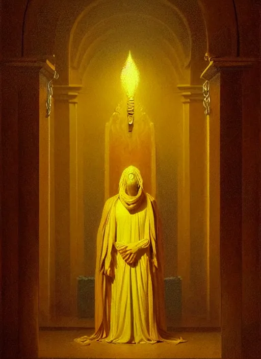Prompt: neoclassical portrait of the king in yellow in his temple, by jacques - louis david, by greg rutkowski, by zdzisław beksinski, by josep tapiro baro, trending on artstation, featured on pixiv, masterpiece, oil on canvas, cinematic composition, dynamic beautiful lighting,