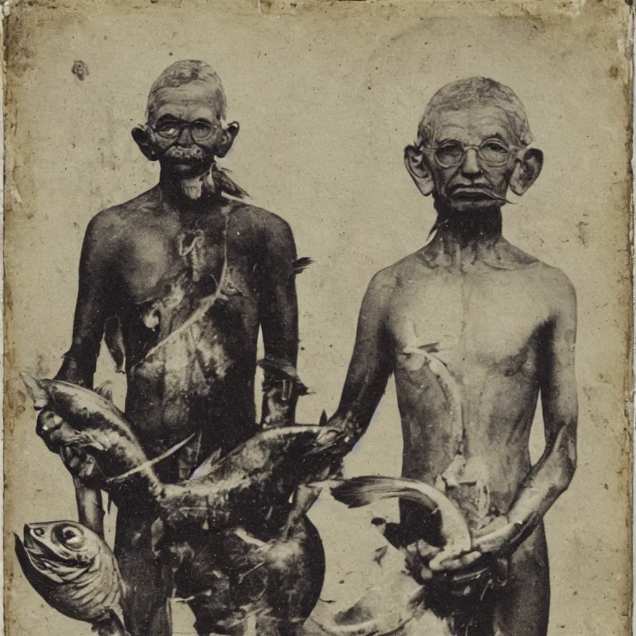 Image similar to “a daguerreotype of a cyborg Gandhi holding a large fish ”