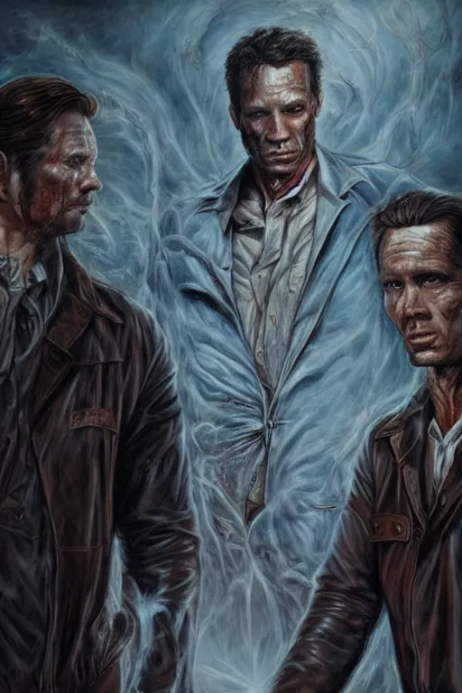 Prompt: a bloody and beaten man in a brown leather jacket and a sophisticated man in a pristine white shirt. in the style of of true detective fanfare. art by tomasz alen kopera and glenn fabry.