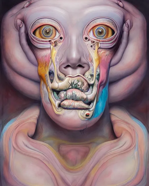 Prompt: strange surrealist, looming, biomorphic painting of a woman with large eyes, full body, pastel colours by james jean, charlie immer and jenny saville, fluid acrylic, airbrush art, timeless disturbing masterpiece