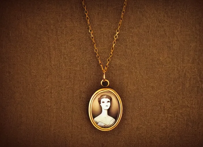 Image similar to sepia photo of a golden necklace with a hanging tiny open oval rusty golden locket pendant with a retro photo of an elegant and aesthetic woman royalty portrait, on a forest background with bokeh. Retro. Antique. High quality 8k. Intricate. Graflex camera 35mm. Award winning