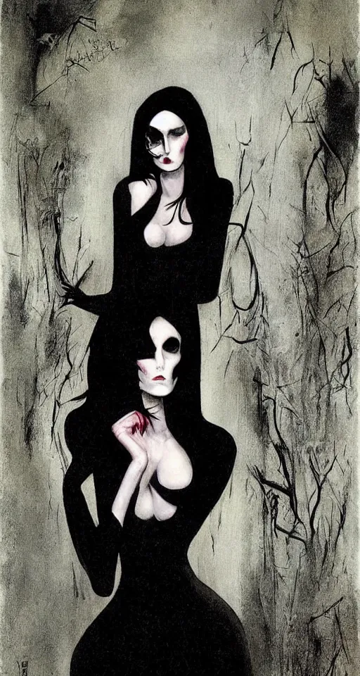 Prompt: painting of a tall, pale woman dressed in black with messy black hair, creepy, gothic, by Gerald Brom and Dave McKean,