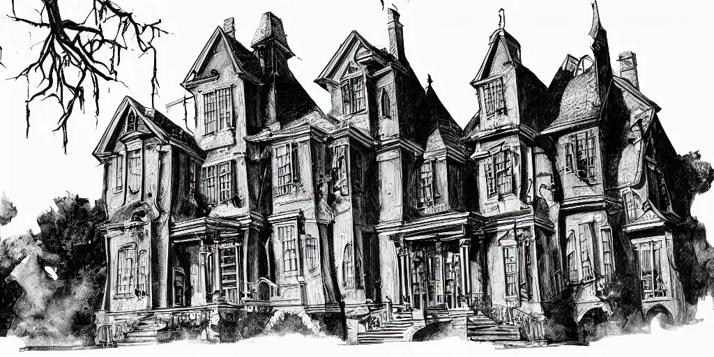 Prompt: technical drawing of a haunted mansion, hyper realistic, dramatic shadows, gothic