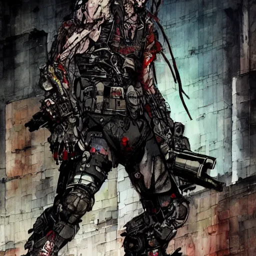 Image similar to a watercolor ink painting of a post - apocalyptic cyberpunk grimdark demon in the style of leonard boyarsky in the style of yoji shinkawa detailed realistic hd 8 k high resolution