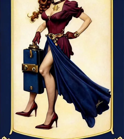 Image similar to a beautiful lady as a magic the gathering card by magali villeneuve and gil elvgren and norman rockwell, crisp details, hyperrealism, smiling, happy, feminine facial features, stylish navy blue heels, gold chain belt, cream colored blouse, maroon hat, windblown, holding a leather purse, mtg