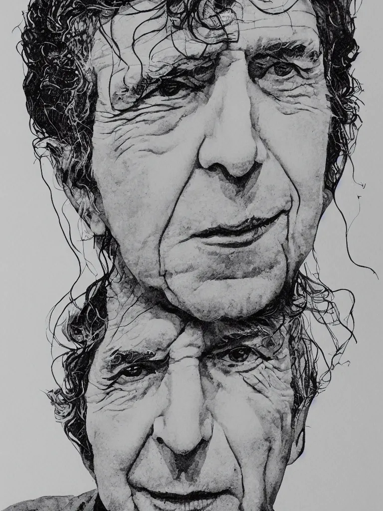 Prompt: wire line art portrait of leonard cohen.