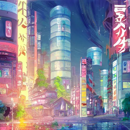 Image similar to anime style concept art of magical tokyo city, thick painting