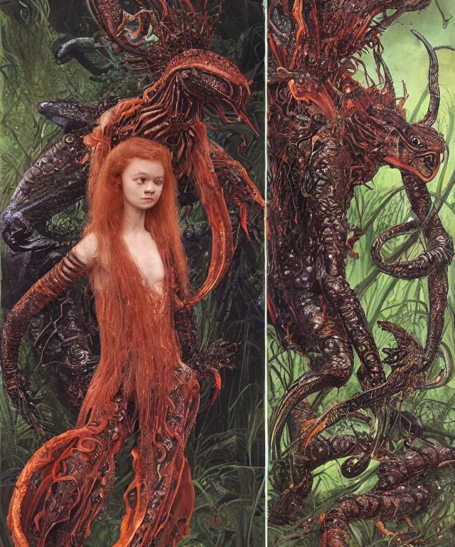 Prompt: a portrait photograph of a fierce sadie sink as an alien harpy queen with black slimy amphibian skin. she is trying on evil bulbous slimy organic membrane fetish fashion and transforming into a fiery succubus amphibian scorpion. by donato giancola, walton ford, ernst haeckel, brian froud, hr giger. 8 k, cgsociety