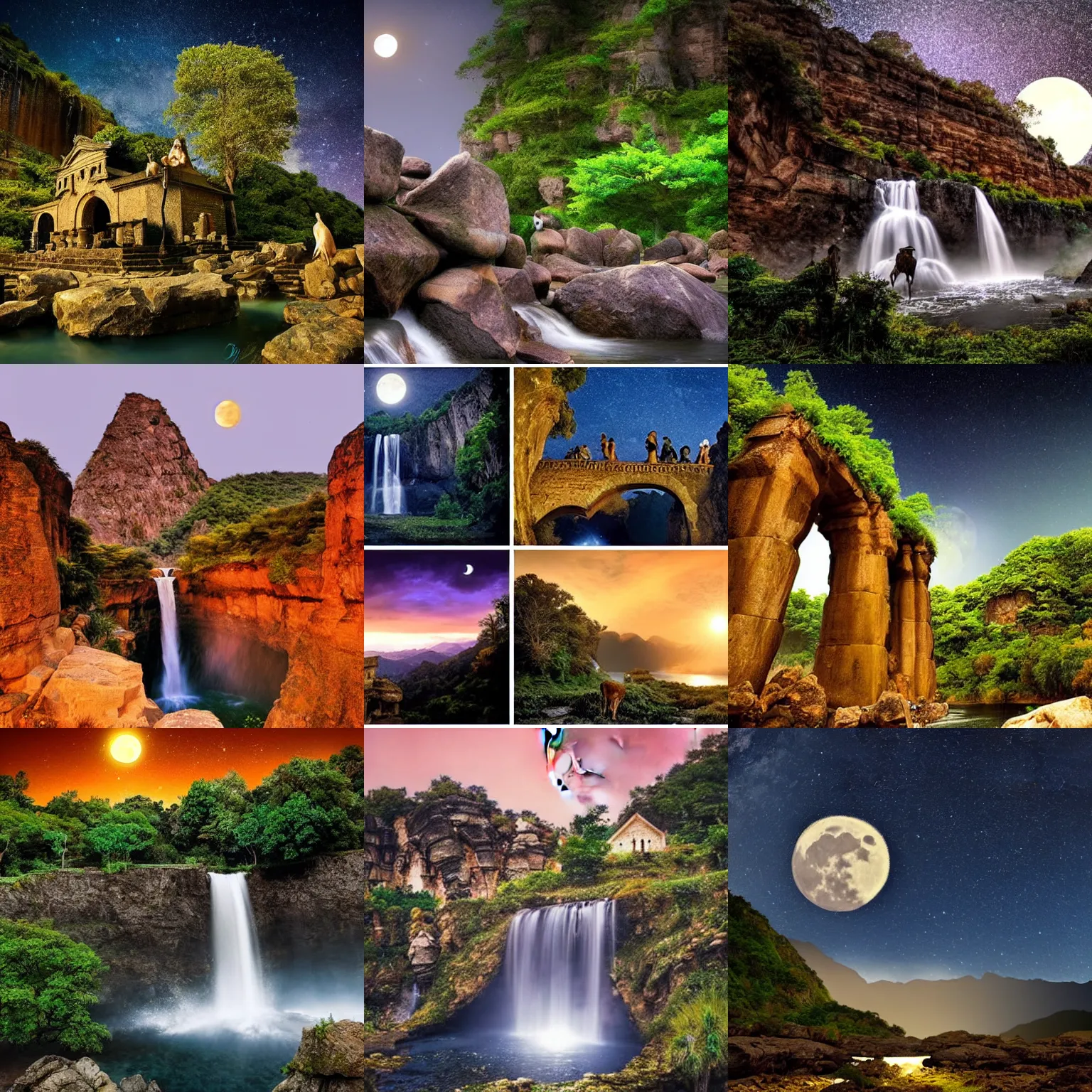 Prompt: Landscape of the gods, beautiful stone structures, waterfalls, dark sky, bright moon, amazing lighting, peaceful creatures living in the cozy place