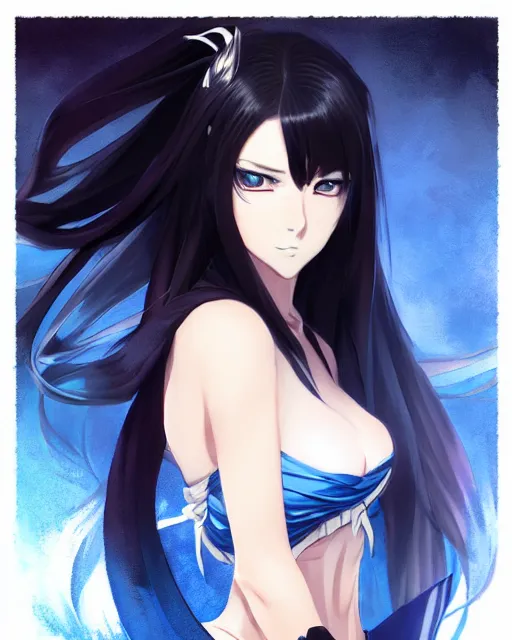 Image similar to anime character portrait of a female martial artist!! long black hair! blue eyes! dynamic pose!! elegant, intricate outfit, fine details by stanley artgerm lau, wlop, rossdraws, james jean, andrei riabovitchev, marc simonetti, and sakimichan, trembling on artstation