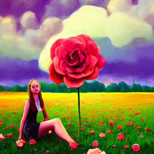 Image similar to giant rose flower as a head, full body girl sitting in a flower field, surreal photography, sunrise, dramatic light, impressionist painting, colorful clouds, digital painting, artstation, simon stalenhag