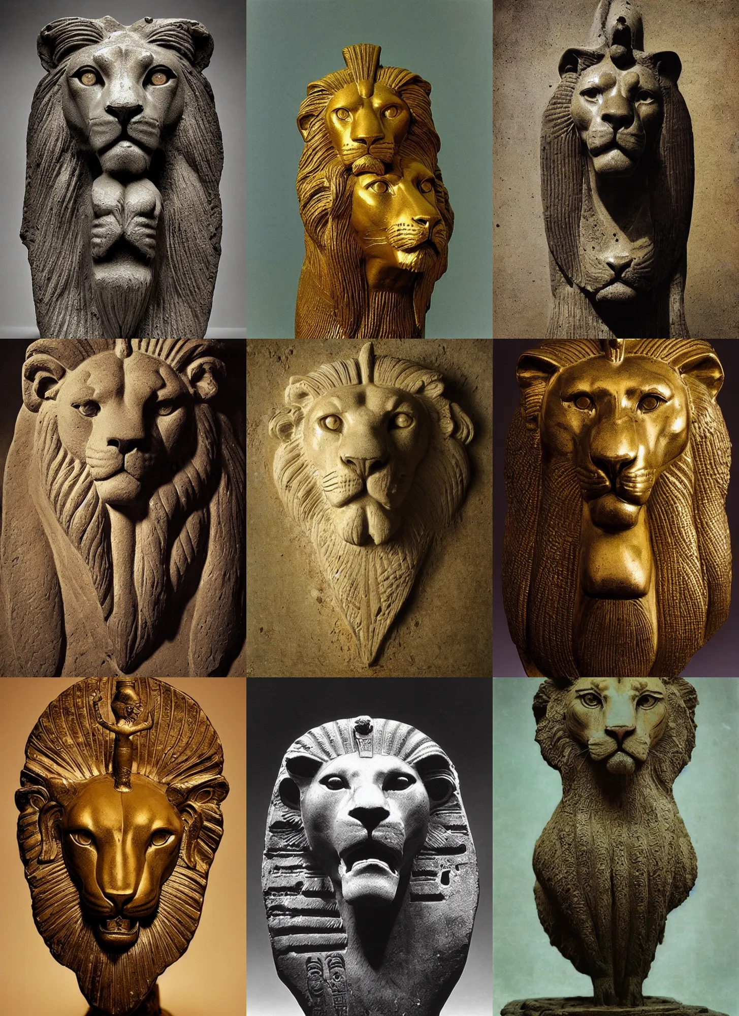 Prompt: wet plate photography egyptian lion head statue, orientalism, beksinski