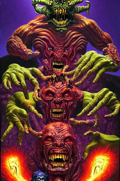 Prompt: a hyperrealistic painting of an epic boss fight against an ornate supreme dark mutant overlord, cinematic horror by chris cunningham, lisa frank, richard corben, highly detailed, vivid color,