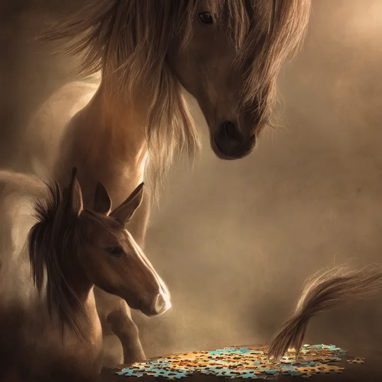 Prompt: A horse attempting to solve a jigsaw puzzle, looking confused, cinematic lighting, evening light, stables, digital painting, volumetric light, concept art, trending on artstation