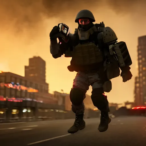 Prompt: An Armored soldier riding a hoverboard with several buildings on fire behind him, cinematic lighting, highly detailed, 8k octane render