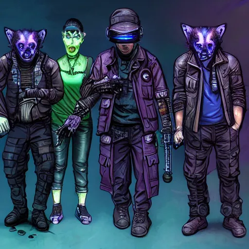 Image similar to a gang of cyberpunk humanoid opossums, cyberpunk, shadowrun