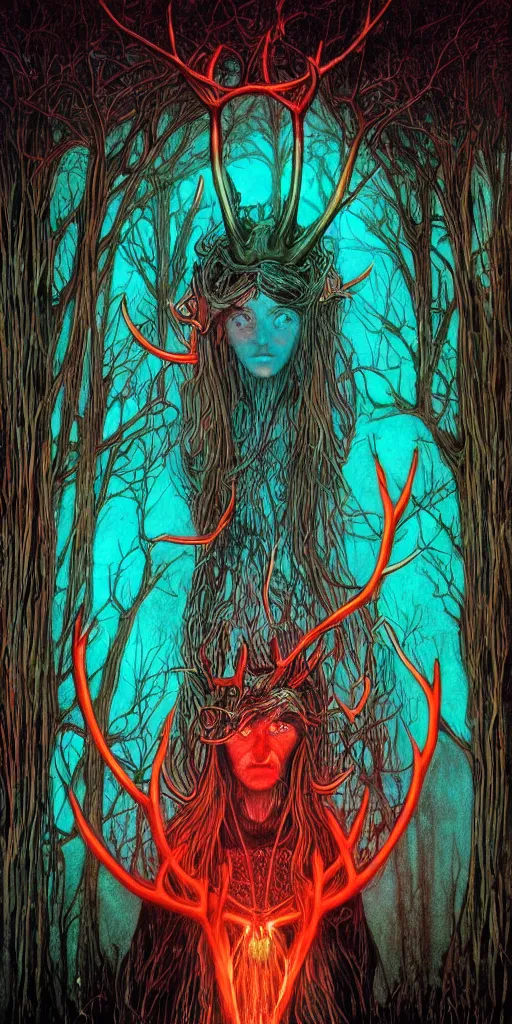 Image similar to intense glowing black metal pagan god with antlers and veins and intense glowing eyes in very dark forest by shintaro kago and beksinski and alphonse mucha, portrait, fantasy, clear, red and teal and yellow, light beams, lens flare, intense, uhd, amazing depth, cinematic lighting