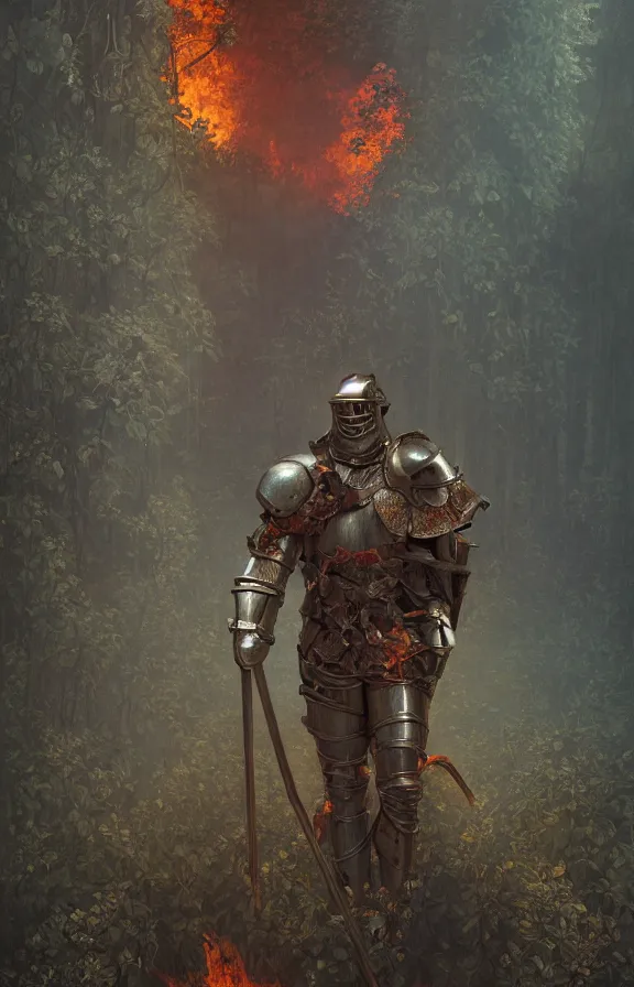 Prompt: portrait of a knight among flowers in dark forest surrounded by fire and smoke, moody, rim light, dynamic lighting, cinematic shot, gritty, ultra - detail, renderman, physically based render, jean delville, gustave dore and marco mazzoni