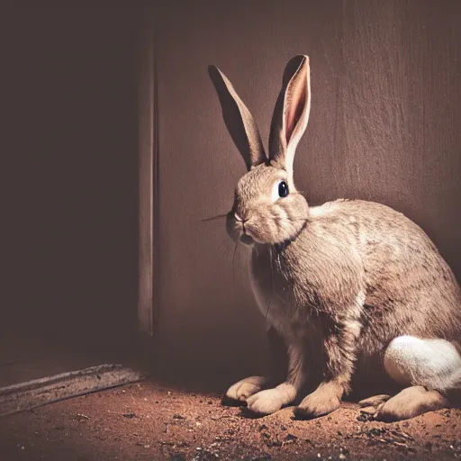 Image similar to bunny with long beard in dark, dusty attic. octane, photography, 8 k