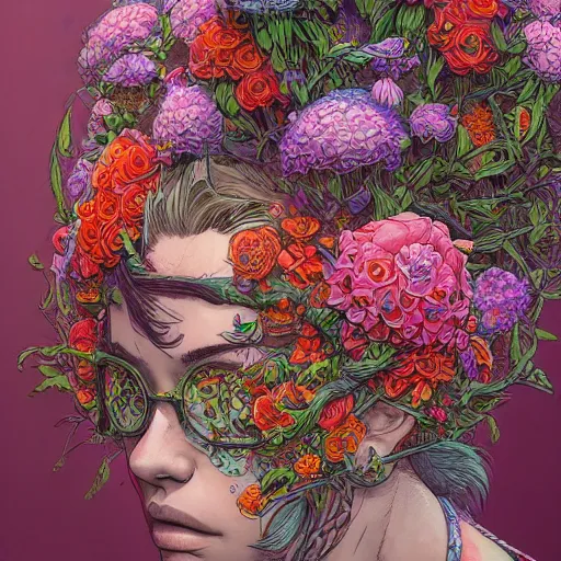 Prompt: portait with flowers as head, intricate linework, highly saturated colors, concept art, detailed illustration, hd, 4 k, digital art, bykim jung gi, irakli nadar, greg rutkowski, dan mumford, studio ghibli trending on artstation