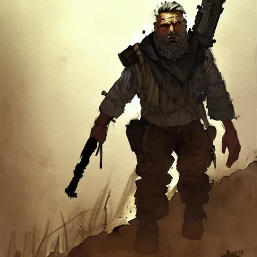 Prompt: post apocalyptic wasteland explorer, dark science fiction, bulky dude, male, old man, tan skin, huge beard, style craig mullins, watercolor