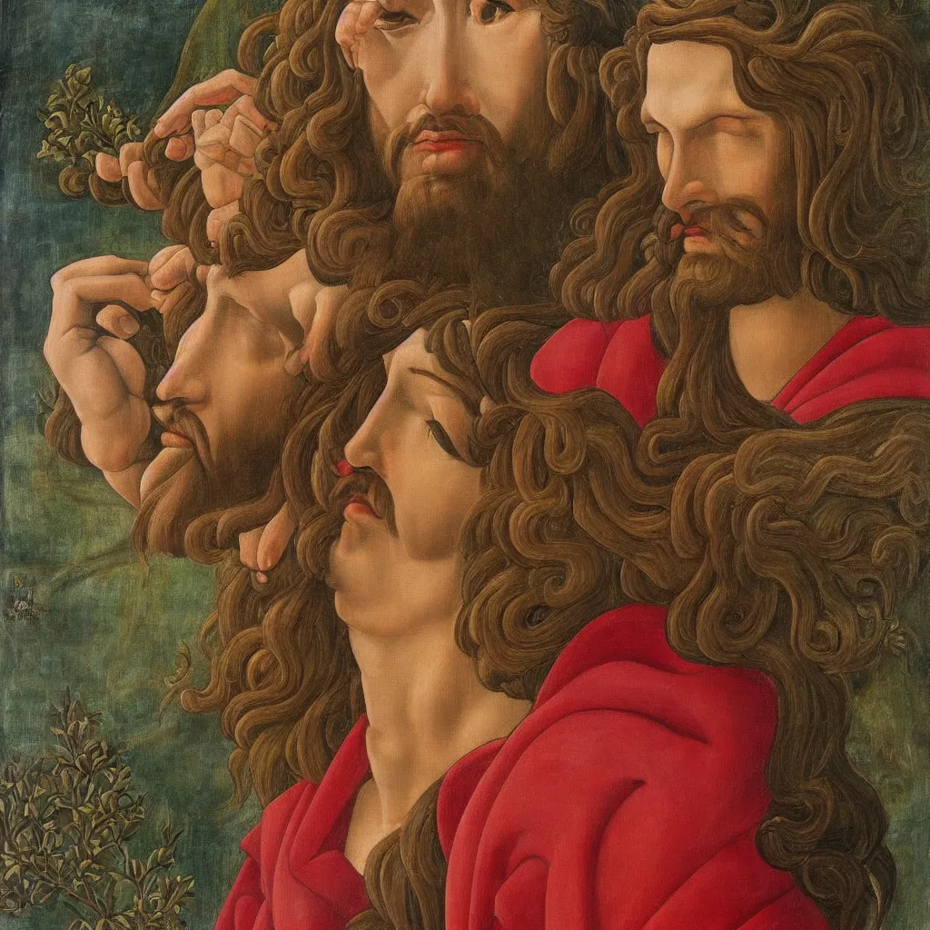 Image similar to Portrait of Jesus as an elf. Oil painting in the style of Botticelli.