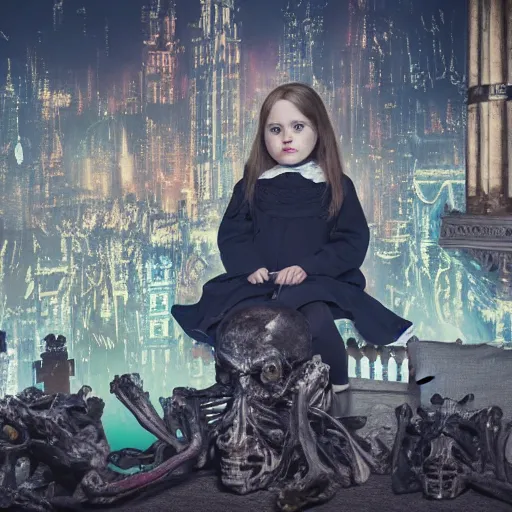 Image similar to a color photo of young sad victorian gothic child with big eyes and wide grin sitting on a sofa of bones surrounded by a cyber futuristic cityscape made of human body parts, ultra detailed, 8 k resolution, beautiful lighting, expansive detailed layered city, landscape, sigma 8 5 mm, award winning photography