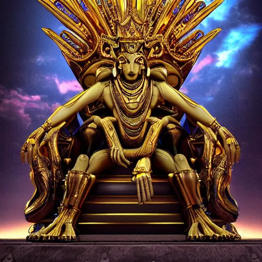 Image similar to the king of an alien race sits on a futuristic looking throne, the appearance of the king was inspired by the looks of god vishnu, the king also wears some beautiful jewlery, unreal engine 5 digital art