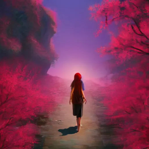 Prompt: giant cherry blossom flower as a head, girl walking in a canyon, surreal photography, sunrise, dramatic light, impressionist painting, colorful clouds, digital painting, artstation, simon stalenhag