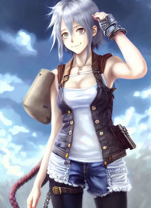 Image similar to a portrait of catgirl wearing white vest, and denim shorts an anime digital art ultrafine detailed painting, detailed painting, detailed eyes!!, final fantasy octopath traveler overlord