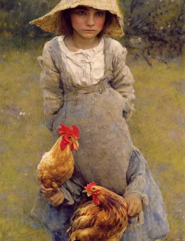 Image similar to portrait of little peasant girl holding a chicken, cottage core, cinematic focus, polaroid photo bleached vintage pastel colors high - key lighting, soft lights, foggy, by steve hanks, by lisa yuskavage, by serov valentin, by tarkovsky, 8 detailed, oil on canvas